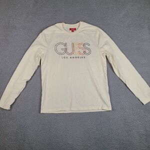 Guess Los Angeles T-Shirt Mens Large Beige Long‎ Sleeve Embroidered Cotton